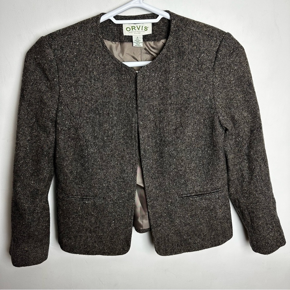 Orvis Tweed Short Blazer 100% Wool Women's 6 Open Lined Shoulder Pads Brown NEW